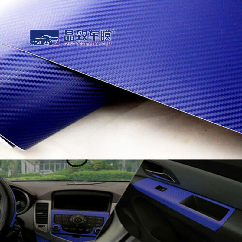 1.52x30M PET Vinyl Film Serat Karbon 3D Warna Biru Tua Merenggang
