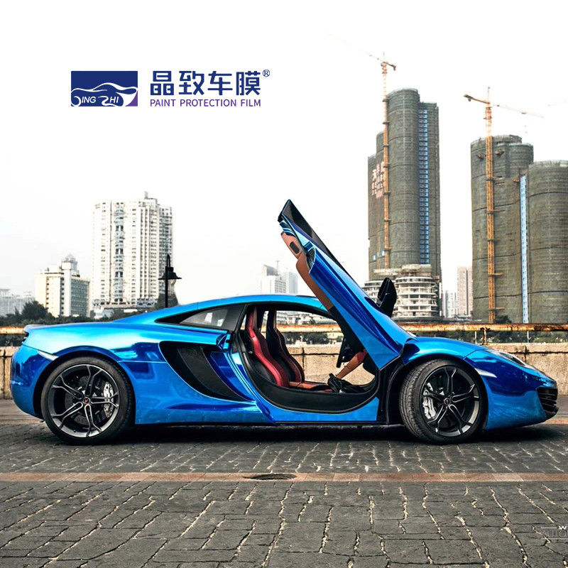 Produk Perawatan Mobil Derek Blue Merenggang Chrome Vinyl Wrap Sebagai Film Cermin 1.52 * 18m - Pabrik Langsung